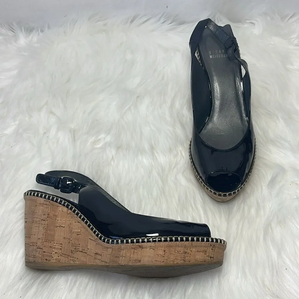 Stuart Weitzman Black Patent Topstitched Slingback Cork Wedge‎ Heels Sz 9.5